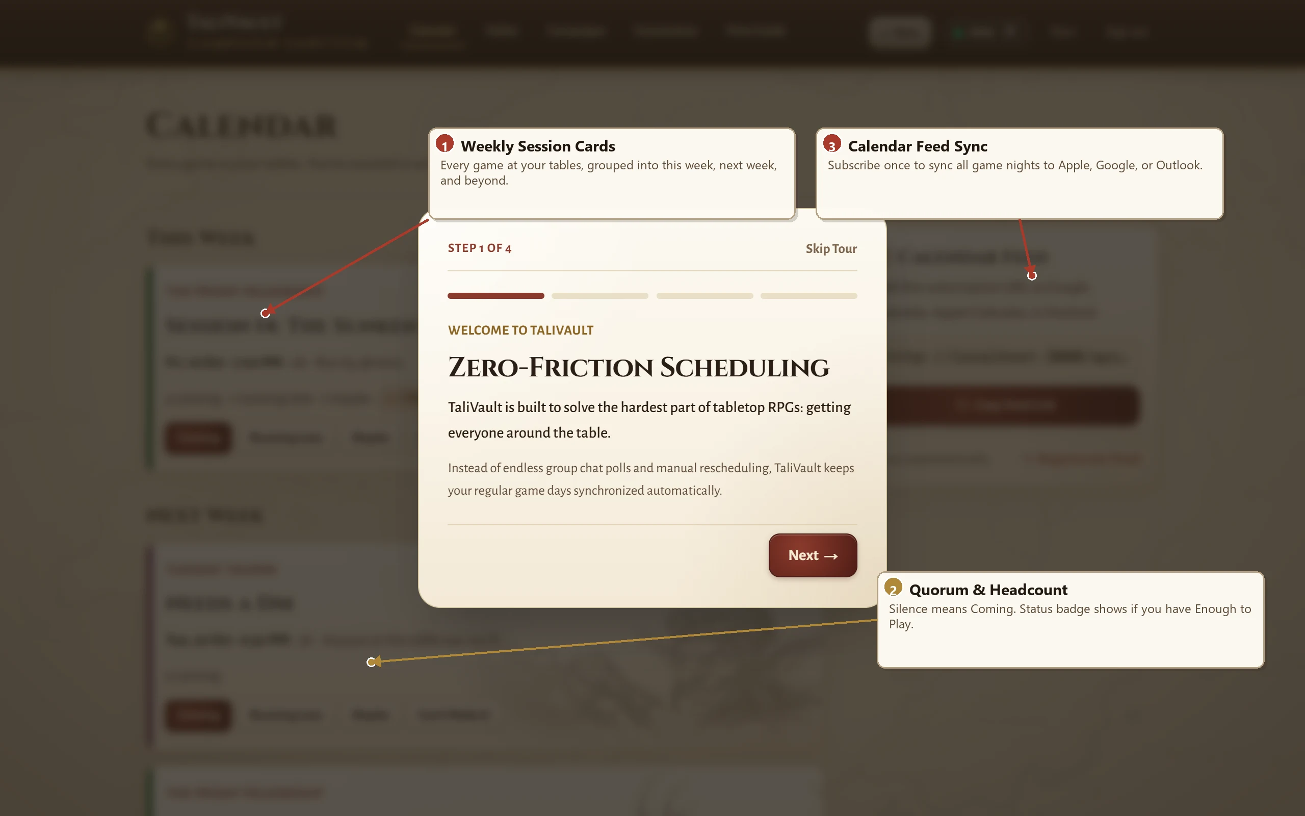 The calendar page with upcoming sessions