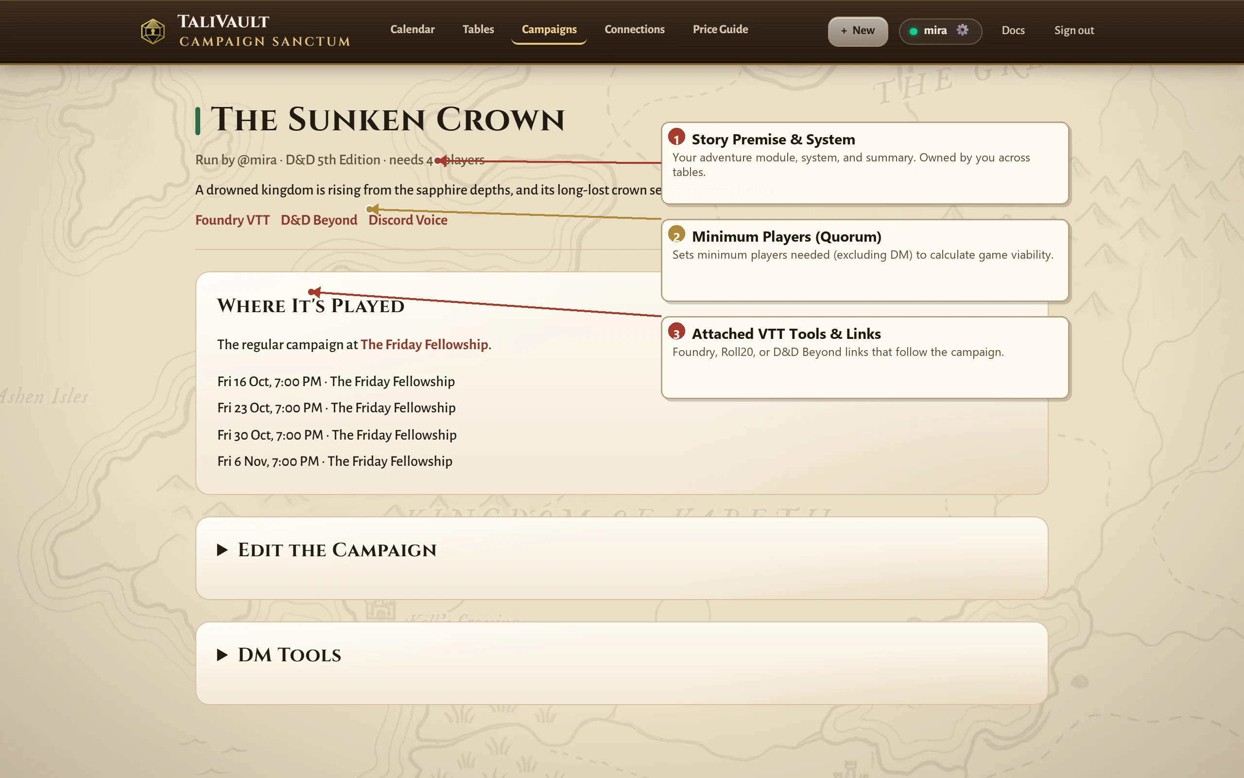 The Campaign page showing story premise, minimum players needed, and attached VTT links