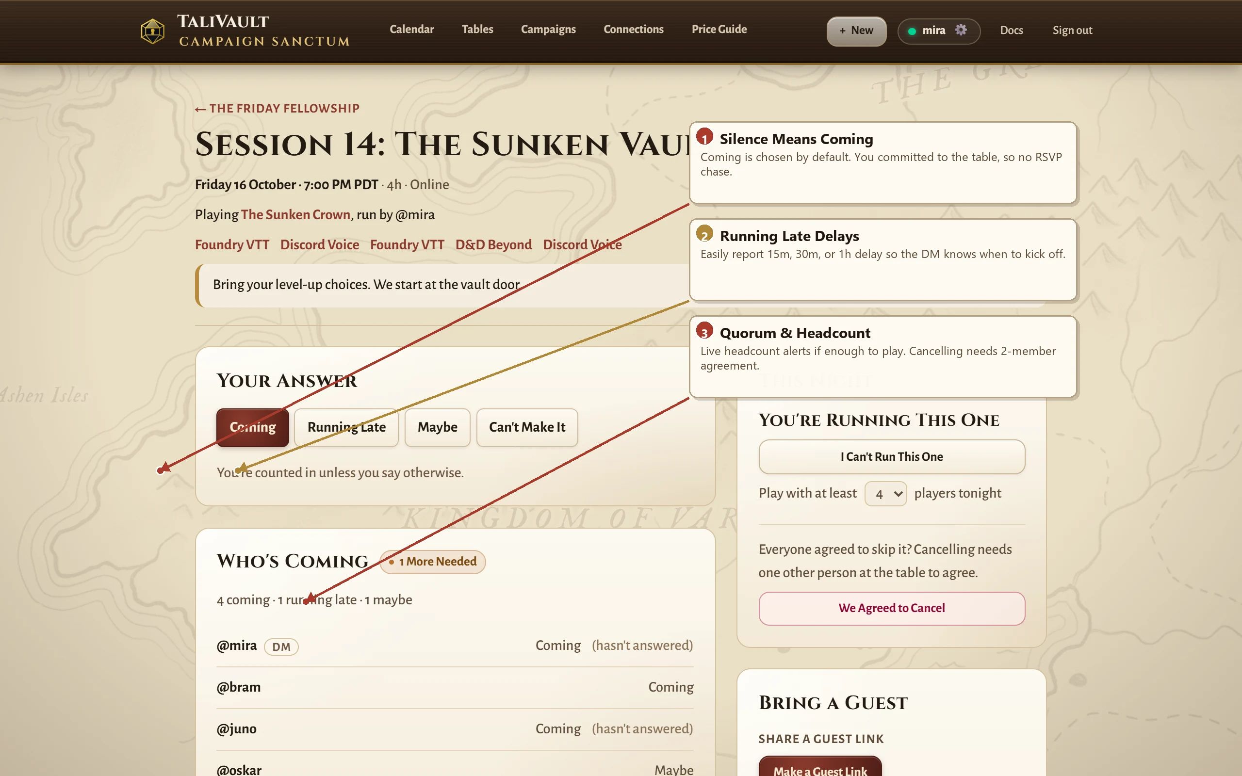 Session blade showing attendance answer buttons, players needed, and headcount