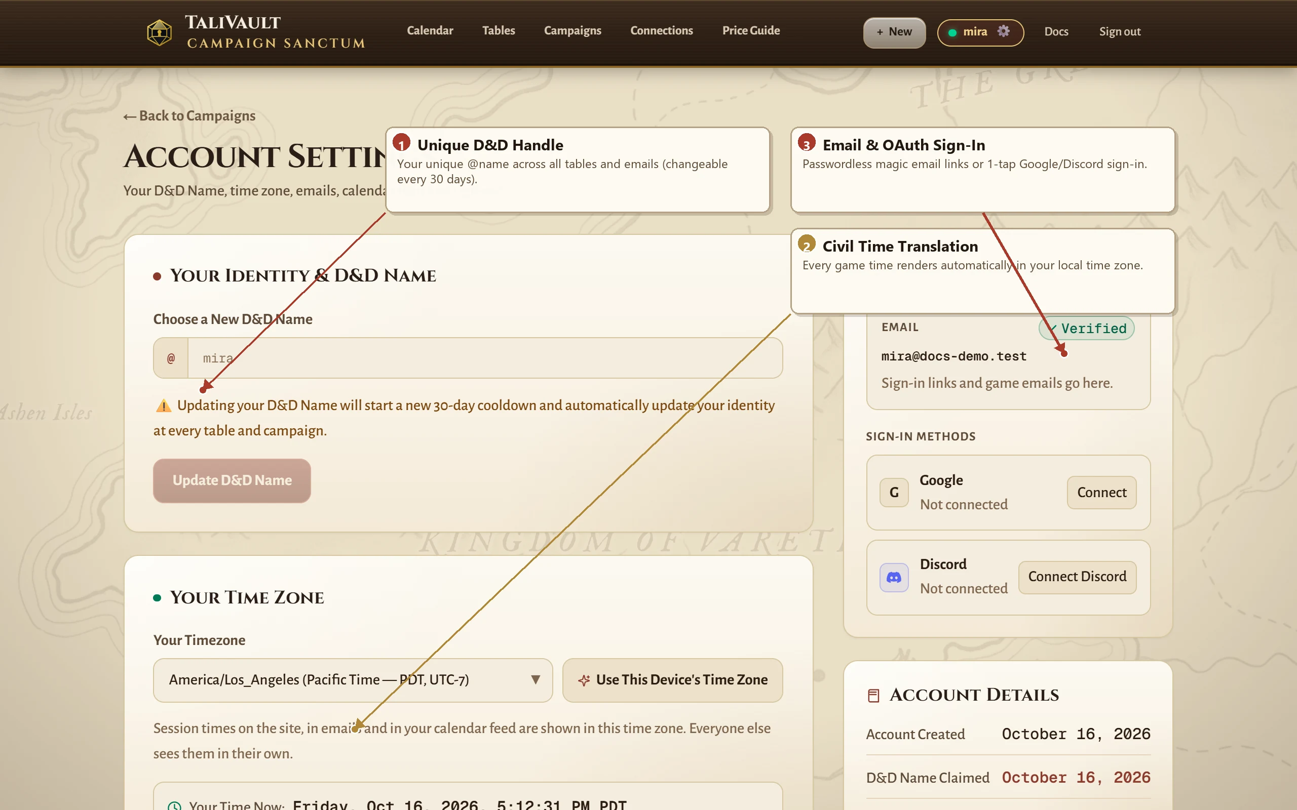 Account settings with D&D Name handle, civil timezone translation, and verified email