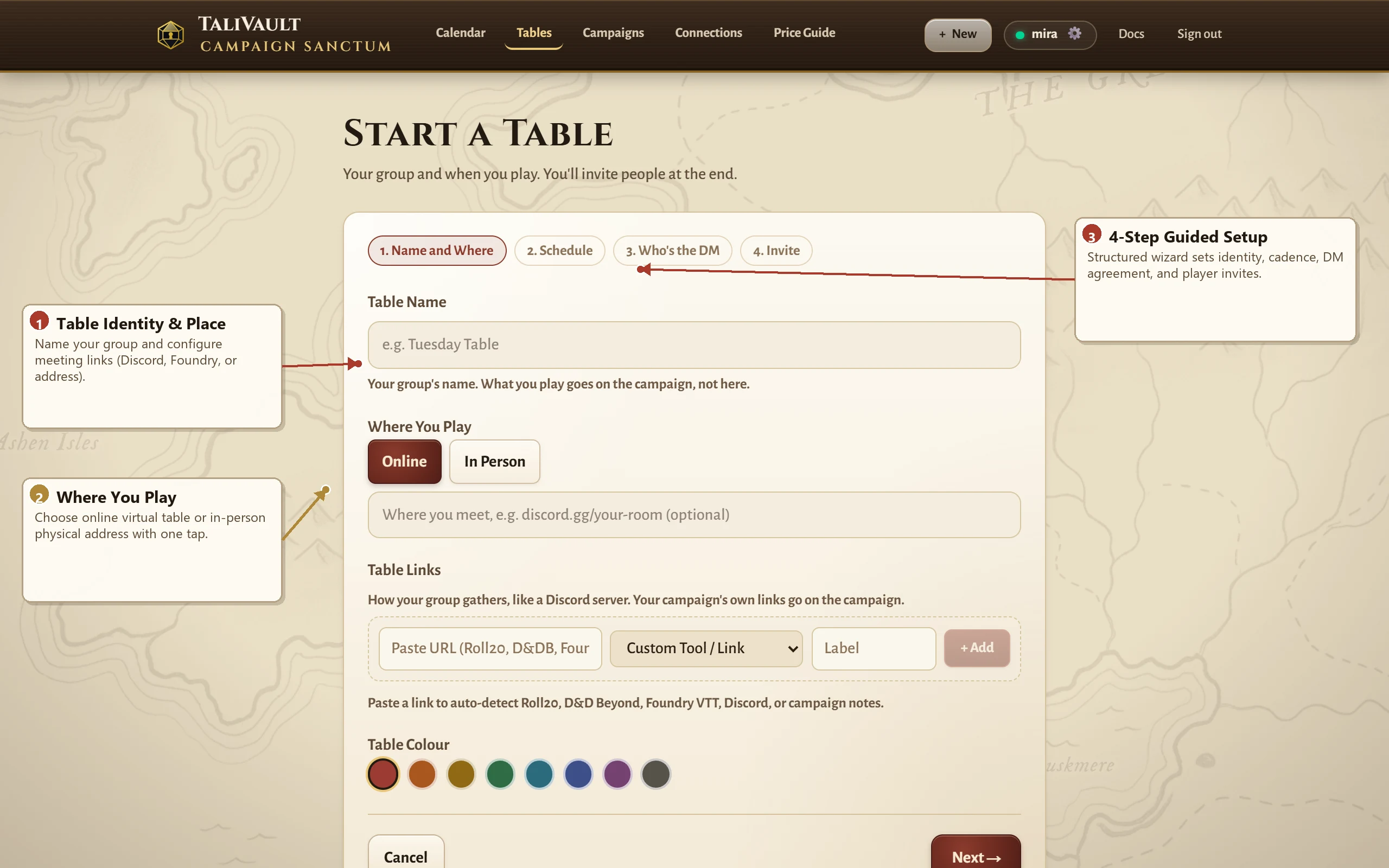 The 4-step wizard for starting a new Table in TaliVault