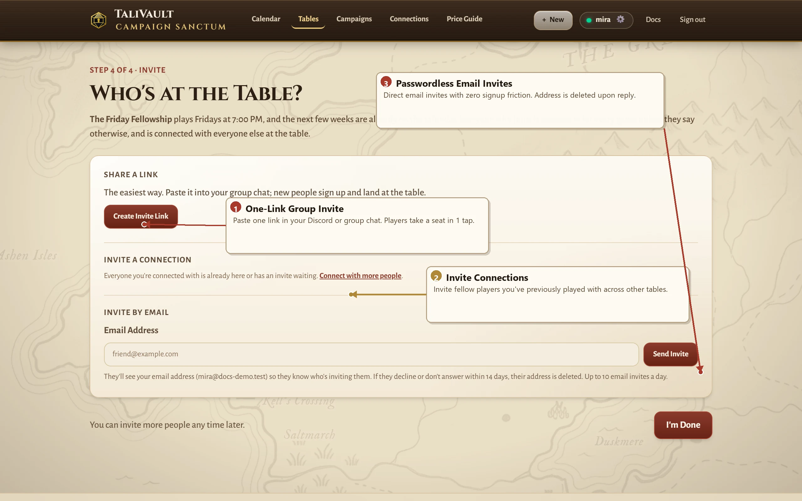 The Table invite screen showing link sharing, connections, and email invites