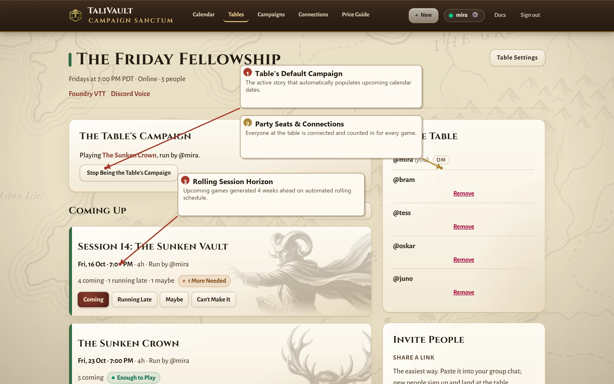 The Table dashboard showing the active campaign, member roster, and upcoming sessions